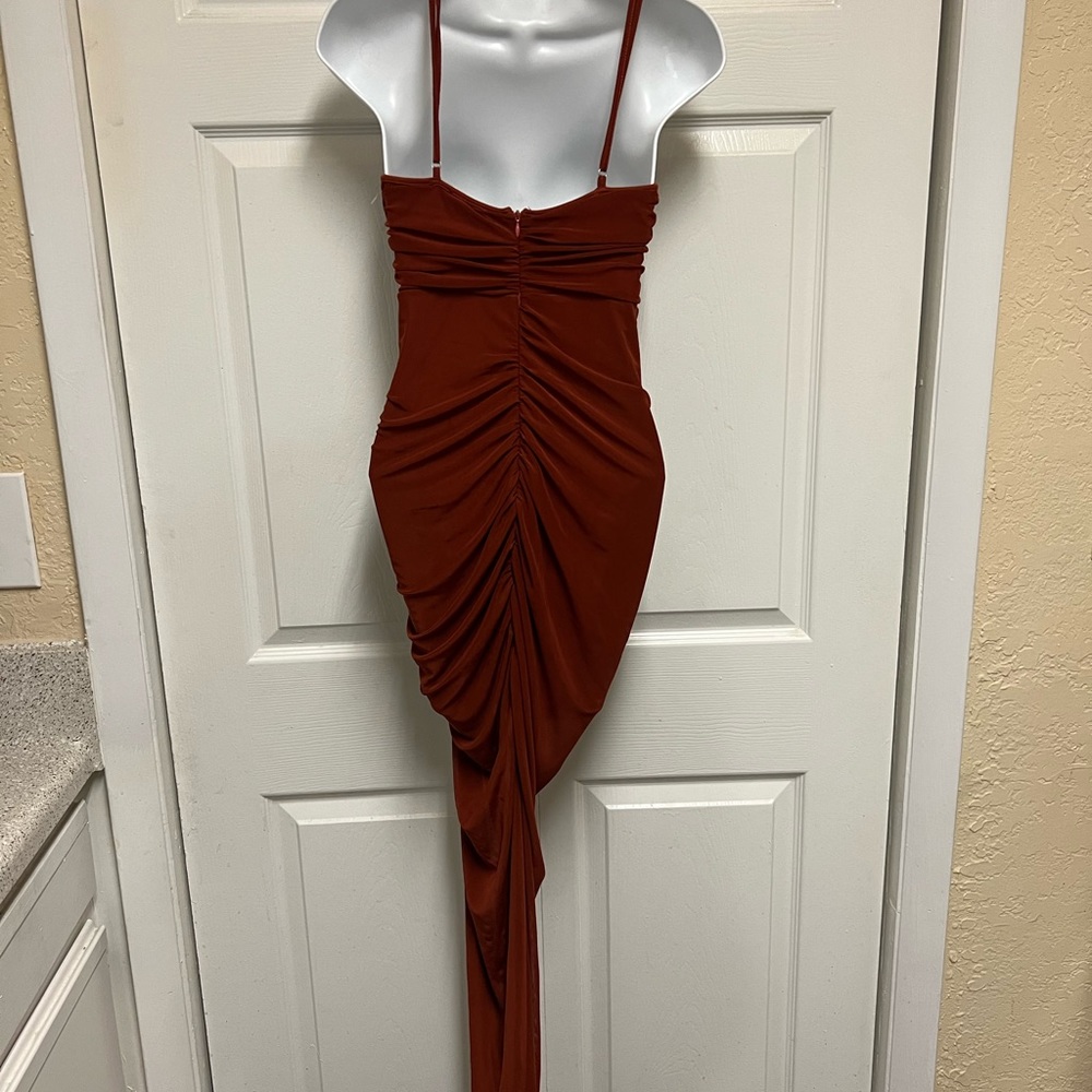 Spring Haze Rust Sheer Ruched Asymmetrical Maxi Dress - Picture 7 of 12